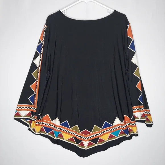 Ashley Stewart Flare Sleeve Top Women 22/24 Multicolor Geometric Stretch Tribal - Picture 2 of 5